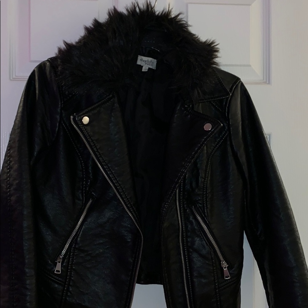 Black leather jacket with removable fur collar